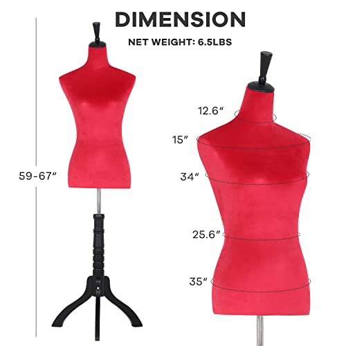Mannequin Body Female Dress Form Mannequin Torso With Stand For Display 60"-67" Height Adjustable For Sewing Wooden Base, Fiberglass Body(Red) #TOP6