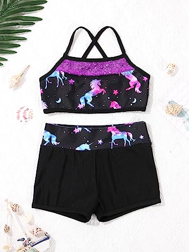 Kids Girls Two Pieces Sports Dance Outfit Crop Tops Bra with Shorts Set Gymnastics Athletic Leotard Swimwear Dark Night Black 3-4 Years3