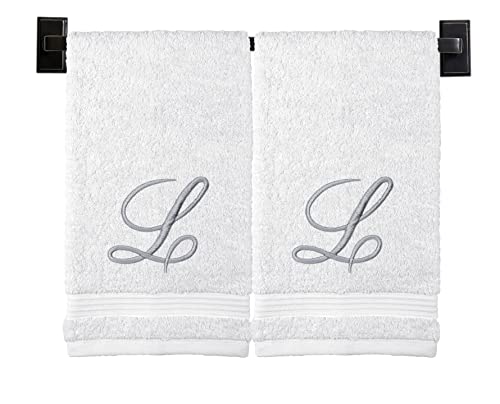 Custom Luxury Towels White Hand Towels for Bathroom - Monogrammed | Luxury Cotton Turkish Towels | Embroidered in USA | Set of 2 | Choose Set Color and Letter | A - Z | Script Font