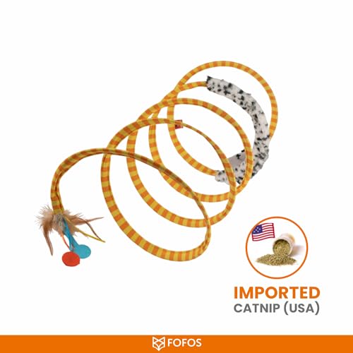 Image of BarkButler x FOFOS Safari Spiral Tunnel - Yellow, with Real Feathers and Mouse Toy, US Grade Catnip, Portable Design, Cat Accessories, Perfect Cat and Kitten Toys