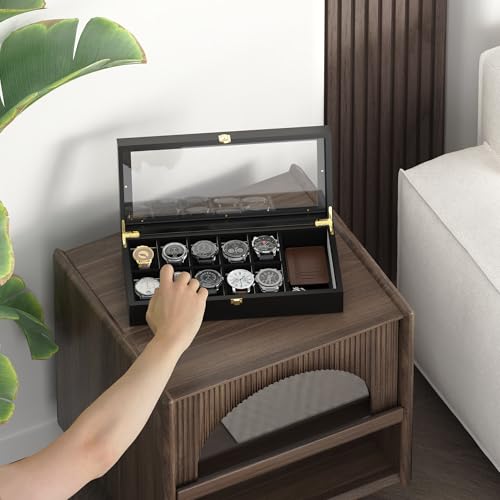 Image of Watch Box Organizer for Men, 10 Slot Watch Display Case With Glass Lid, Wooden Watch Storage Mens Watch Case, Watch Holder Organizer for Men Women -10 Slot, Black