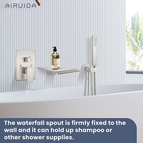 Airuida Brushed Nickel Wall Mounted Bathtub Faucet With Handheld Shower Sprayer Waterfall Spout With Modern Single Handle Wall Mount Tub Filler Hot And Cold Water Mixer Brass Roung-In Valve #TOP6