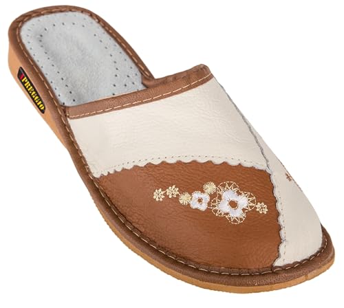 APREGGIO Pantoufles Femme Cuir – Chaussons Pratiques et Confortables – Fait Main – Marron – Taille 39