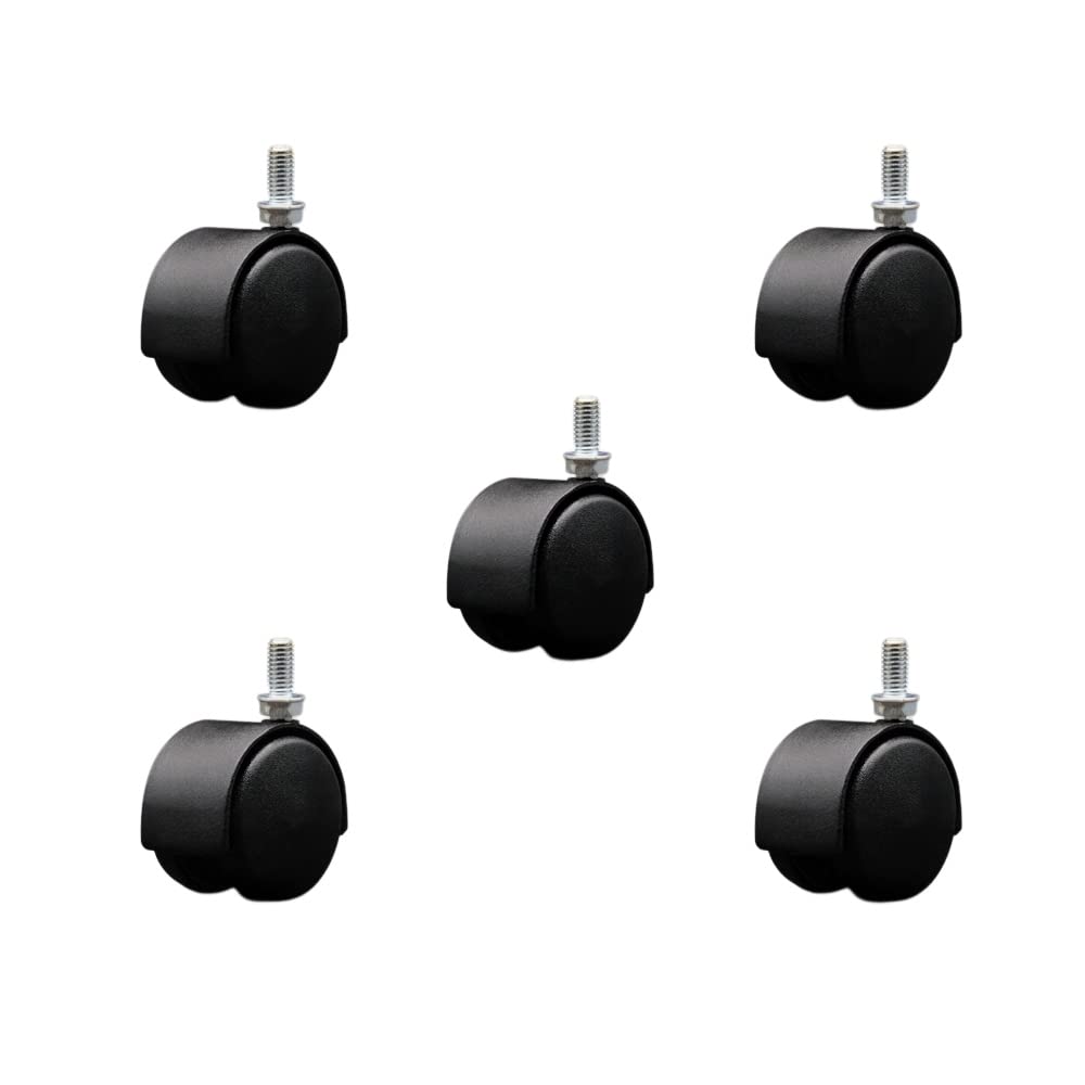 2 Inch Office Chair Wheels – Flat Black Metal Hooded Twin Wheel – 3/8 Inch - 16 TPI by 3/4 Inch Threaded Stems – 375 lbs. Total Capacity – Set of 5 – Service Caster Brand