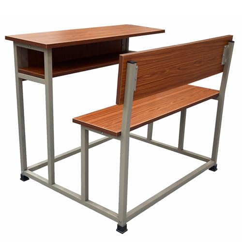 Image of ALKOSIGN Dual Student Bench with Shelf - Prelam Particle Board Natural Teak Top with Beige Powder Coating 100 CM | for Classes 7th to Collage | for School Classroom, Tuitions etc