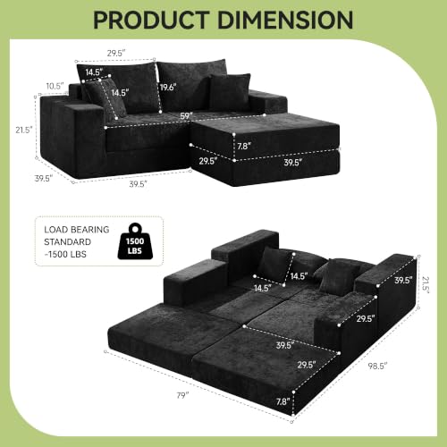 Image of 79 inch Boneless Loveseat Sofa Couch, Modular Foldable Floor Cloud Sofa with Ottoman, Lounge Convertible Sofa Bed for Living Room, No Assembly, Chenille Black