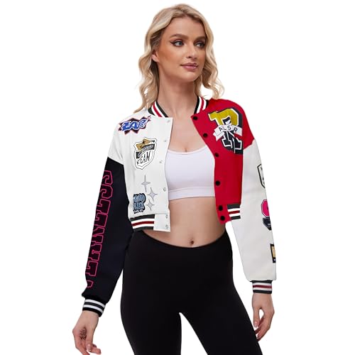 Vivimeng Women Crop Varsity Jacket Letter Print Baseball Bomber Jacket Streetwear Casual Coat