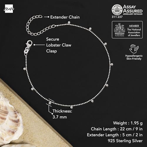 Image of Amberta Italian Sterling Silver Anklet for Women 925 | Adjustable Ankle Bracelets for Women Beaded Heart Summer Jewellery