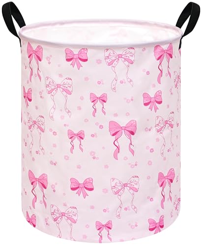 Image of Pink Bowknot Kids Laundry Hamper Clothes Gift Basket Storage Laundry Baskets Organizer Bin with Handles for Nursery Room