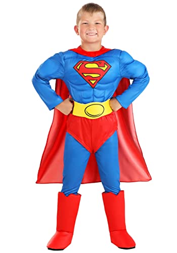 DC Comics Classic Superman Deluxe Kids Costume with Cape, Muscle Padded Jumpsuit w/attached Boot Covers, Briefs & Belt X-Small