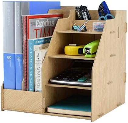 TWOHANDS Desk Organizer - File Stander and Storage - School & Office Supplies Desk Accessories Set- 2 Slot Vertical and 4 Tray -Mail Sorter-Letter Tray-Pen Cup-Magazine Holder- Plywood