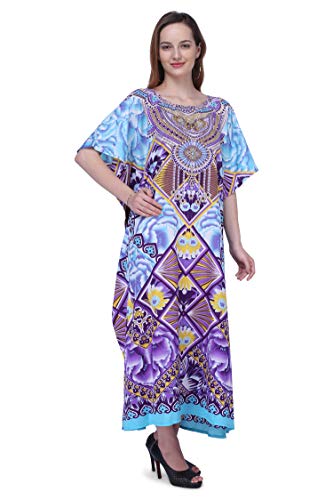 Image of Miss Lavish London Swimwear Cover ups Kaftan Dresses for Women Ethnic Print V Neck, Beach Coverups Plus Size, Side Slit & Pockets on Both Sides, Womens Beach Resort Wear-Purple-2XL