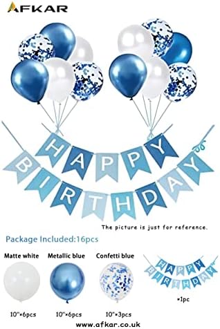 AFKAR Blue and White Happy Birthday Banner Kit, 16 Pcs Birthday Decorations Kit with Confetti Blue Balloons, 10 Inches Balloons with Banner for Party Decorations and Birthday Celebrations