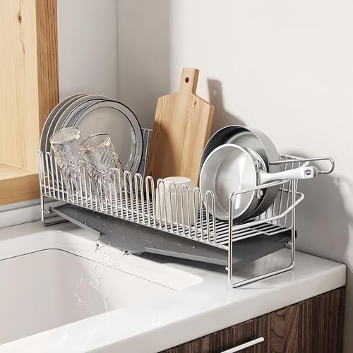 SUMFGO 304 Stainless Steel Dish Drying Rack Multifunctional Kitchen Counter Dish Rack with Utensil Holder for Kitchenware