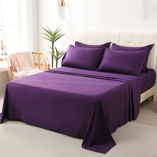 DOWNCOOL Queen Comforter Set, 7Pcs Bedding Sets Queen Dark Purple, All Season Down Alternative Bed in a Bag Queen with Comforter, Flat Sheet, Fitted Sheet, 2 Pillow Shams & 2 Pillowcases