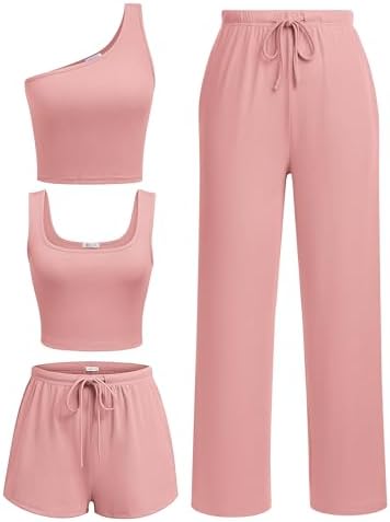 Ekouaer Womens 4 Piece Lounge Sets Ribbed Knit Crop Tank Top and ...