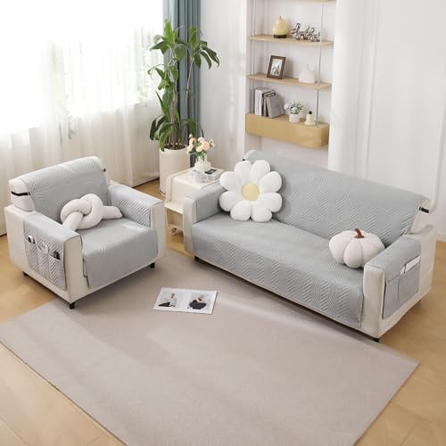 Image of HOKIPO 2 Seater Quilted Sofa Cover with Pockets, Light Grey (NEW1-802-LGRY)