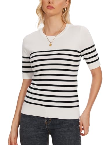 Image of Spicy Sandia Women's Short Sleeve Sweater Casual Knit Pullover Top for Summer Lightweight White and Black Striped M