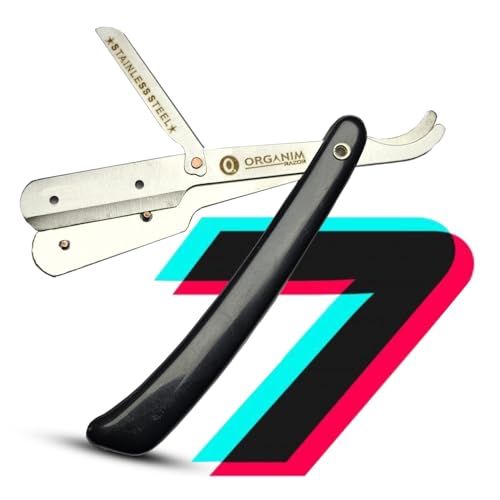 Image of Barber Shaving Razor for Men | Foldable Stainless Steel Straight Razor with Handle | Manual Beard Shaving and Trimming Razor for Barbers, Salons and Home Grooming (Black Plastic)