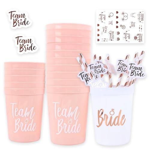 16 Stück JGA Becher Set - Braut Tassen mit Team Bride Strohhalmen & Tattoos Rosa Partygeschirr für Junggesellenabschied Bridal Shower Mädelsabend Verlobungsfeier - Wiederverwendbare 473 ml