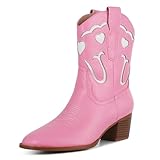 AOSPHIRAYLIAN Womens Pink Cowgirl Boots Ankle Heart Cowboy Boots Pull On Round Toe Embroidered Chunky Western Party Dress Boots Ladies Size 8