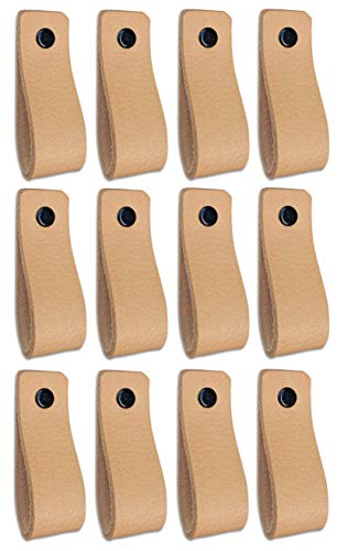 Brute Strength - Tirador de cuero - Natural - 12 piezas - 16,5 x 2,5 cm - incluye tres colores de tornillos por manija de cuero para los gabinetes de cocina - baño - gabinetes