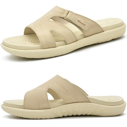 KuaiLu Womens Fashion Orthotic Slides Ladies Athletic Yoga Mat Memory Foam Walking Recovery Sandals Slip On Open Toe Thick Cushion Slippers Comfortable Plantar Fasciitis Arch Support Beige Size 9