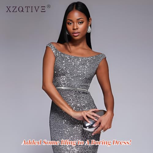 XZQTIVE Women Skinny Metal Chain Waist Belt Stretchy Saree Cinch Belt for Dress Gold Sliver2