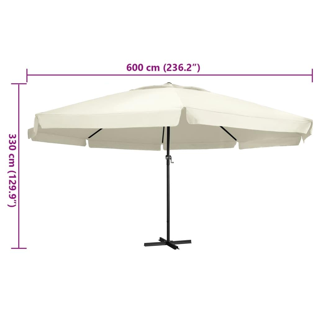 Parasol ogrodowy 600 cm z aluminiowym słupkiem i tkaniną poliestrową UV w kolorze piaskowo-białym, parasol przeciwsłoneczny z krzyżową podstawą i systemem korby, wodoodporny i trwały do użytku