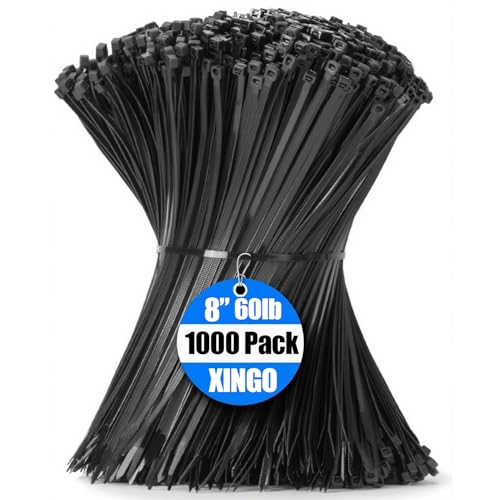 XINGO 1000 PCS Black Zip Ties 8 Inch 60 LBS Tensile Strength Self-Locking Nylon Plastic Nylon PA66 Wire Ties for Indoor and Outdoor Use