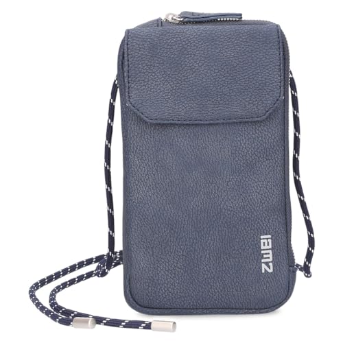 Zwei Handytasche zum Umhängen Mademoiselle.M MP30 Smartphone-Etui & Geldbörse 2-in-1, umlaufender Reißverschluss, längenverstellbarer Riemen, Mini-Handtasche 19 x 10 x 3 cm (Nubuk-Blue)