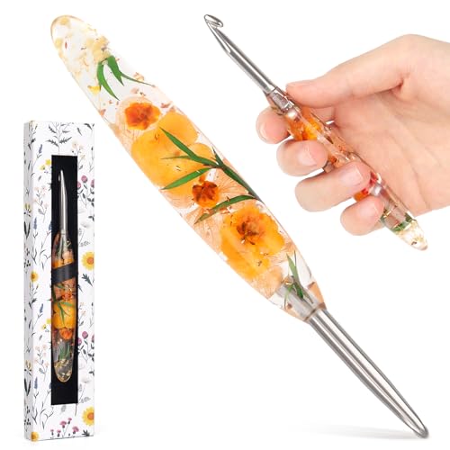 Image of Katech 6.0mm Crochet Hook for Arthritic Hands,Hand-Polished Stainless Steel | Ergonomic Crochet Hooks with Customized Sparkle Dried Floral Grip, Smooth Tapered Hook-Crochet Gift for Beginner & Crocheter