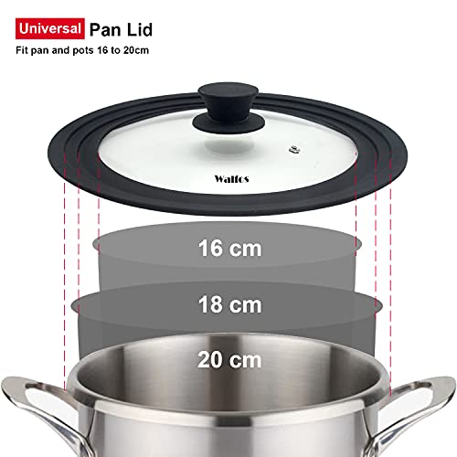 Walfos Universal Lid for Pots, Pans and Skillets - Tempered Glass with Heat Resistant Silicone Rim, Fits 16cm,18cm and 20cm Diameter Cookware