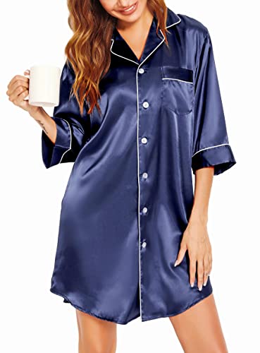 Vlazom Satin Nachthemd Damen Mit Umlegekragen, Knöpfen, 3/4 Ärmel Und Brusttasche (L, Stil A-Dunkelblau)