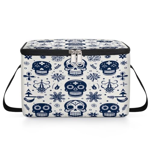 GzLeyigou Skull Blue Lunch Bags for Women Men 9 Cans, Hot & Cold Food Delivery Bag Insulated Grocery Bag Insulated Lunch Box Sugar Skull Cooler Bag for Office Work Picnic Beach