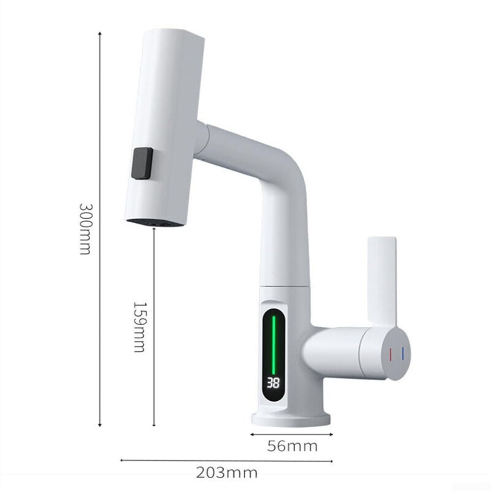 Grifo de cocina extraíble de latón giratorio de 360 grados con pantalla de temperatura del agua, rociador extensible, grifo multifunción (blanco)