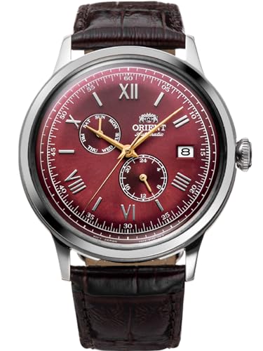 Orient Bambino V8 - Reloj de Pulsera automático para Hombre automático mecánico mecánico clásico con 24 Horas y día de la Semana - Correa de Cuero Negro Caja de Acero Inoxidable Pantalla analógica,