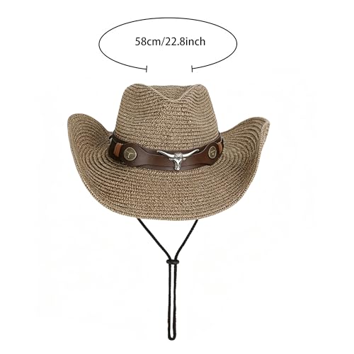 JIAHG Unisex Cowboyhut Strohhut Herren Westernhut Sommerhut Sonnenhut Stroh Panamahut Piratenhut Damen Strandhut Fischerhut Strandmütze (Kaffeebraun B)