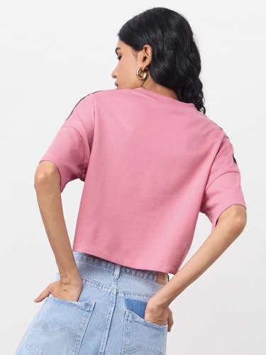 Image of The Souled Store Powerpuff Girls: Baddie Women and Girls Short Sleeves V-Neck Pink Graphic Printed Cotton Lightweight Casual Streetwear Oversized Cropped T-Shirt
