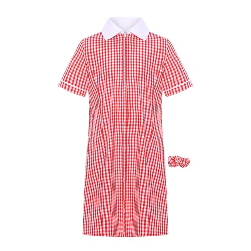 Little Girls Turn Down Collar Plaid Shirtdress Pleated Hem Swing Ruffle Dresses with Elastic Hairband2