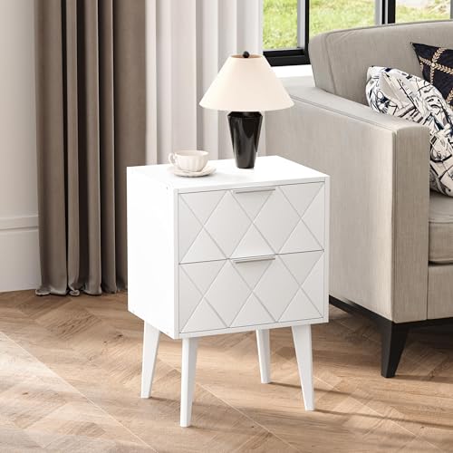 IRCPEN Mesita de Noche de Madera Mesita Auxiliares con 2 Cajones Moderna Minimalista Bedside Table Dormitorio Sala de Estar Blanco LET509W