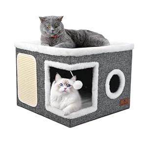 Cat House for Indoor Cats, Large Cat Cave Bed with Scratch Pad and Fluffy Ball, Foldable Cat Hideaway, Cat Bed with Reversible Cushion for Multi Small Pet 41D x 41W x 32H cm, Grey
