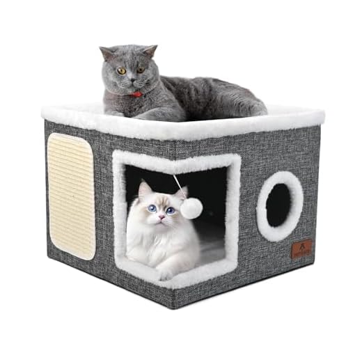Cat Beds for Indoor Cats, Large Cat Cave Bed with Scratch Pad and Fluffy Ball, Foldable Cat Hideaway, Cat House with Reversible Cushion for Multi Small Pet Up to 30LBS, Grey