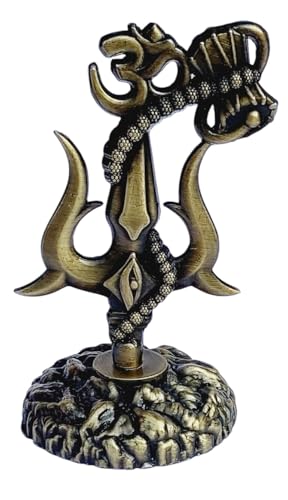 Image of Shivji Trishul Damru and Aum Idol for Mandir, Car Dashboard Statue Metal Showpiece for Pooja Room Home Decor, 10 cm, Antique