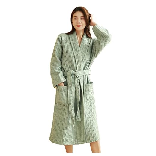 Morgonrock Dam Bomull，Badrockar För Kvinnor, Kimono-morgonrock ， Hotellbadrock ， Absorberande Våffeltjockade Långa Badrockar (Color : Green, Size : L)