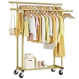 HYSEYY Double Rods Clothes Rack, Sturdy Rolling Clothing Rack, Portable Clothing Racks for Hanging Clothes - Metal Garment Rack Wardrobe Coat Rack for Bedroom Laundry Living Room, Gold