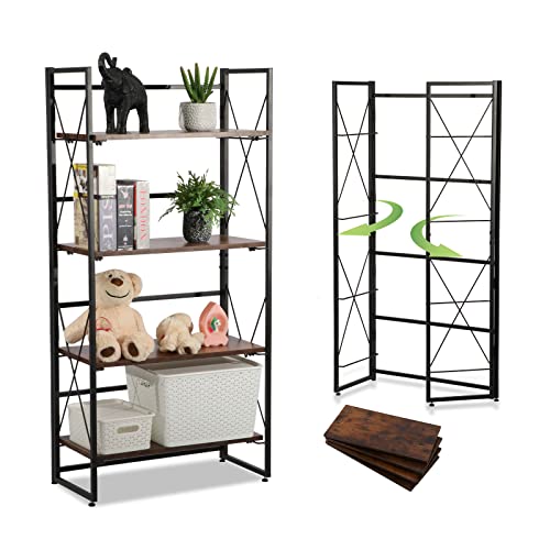 4 Tier Tall Bookshelf, Industrial Book Shelf Open Shelving Wood Display Storage Bookscase For Small Spaces Book Case Metal Standing Shelf Unit For Living Room, Bedroom, Office, Library, Kitchen #TOP7