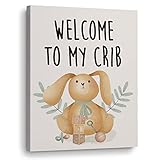 Baby Girl Nursery Canvas Wall Art, Welcome to My Crib, Baby Bunny Animal Artwork Print Wall Decor Framed, Woodland Nursery Room Paintings Wall Decorations for Baby Girl Room, Ready to Hang 12'x15'