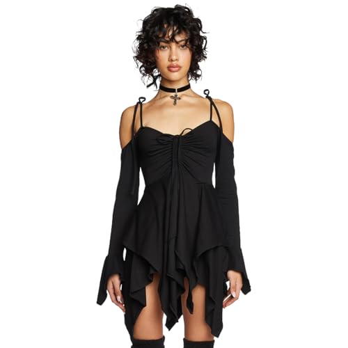 Dolls Kill F is for Fairies Handkerchief Dress by Current Mood - Off-Shoulder, Custom Fit Dress, Perfect for Fairycore Fashion - Black, X-Large