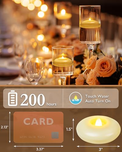 Image of Homemory 12 Pack 3 inch Flameless Led Floating Candles, 200 Hour Battery Operated Flickering Waterproof Tealights for Cylinder Vases, Centerpieces at Wedding, Party, Pool, Holiday (Ivory Base)